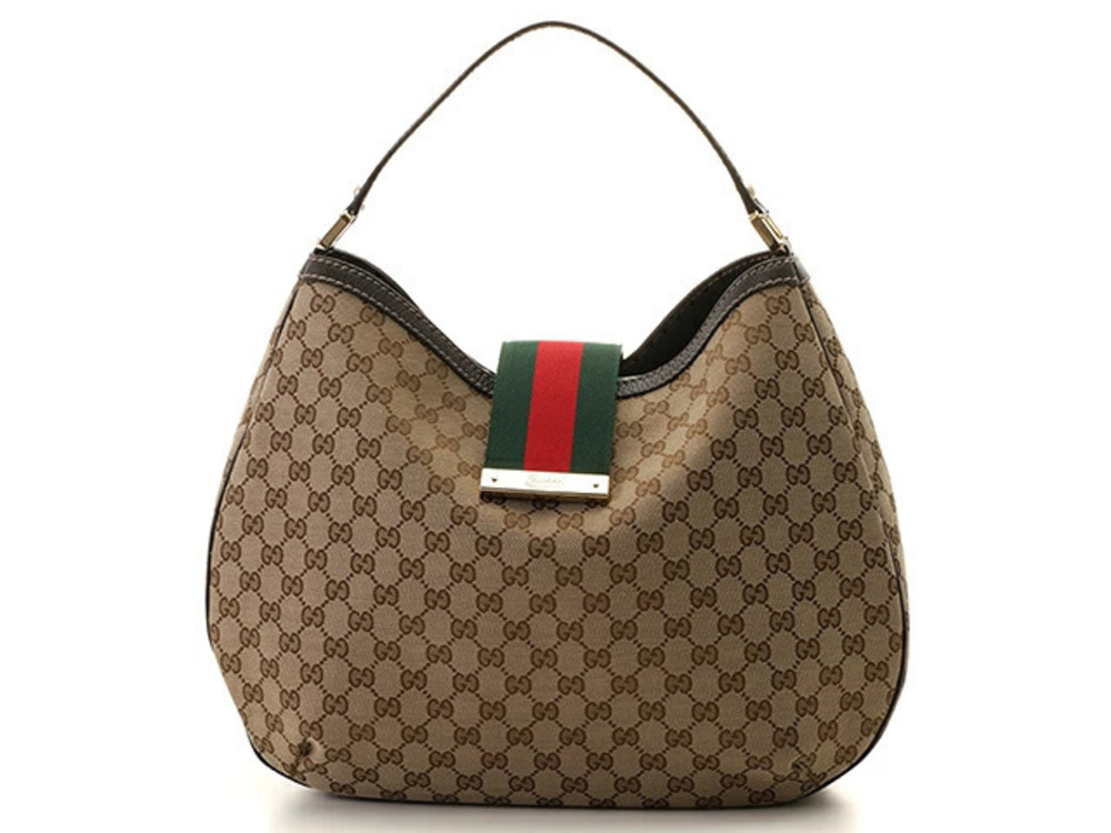 Gucci Hobo Bag Sherry GG Canvas Leather Beige Cream Dark Brown